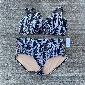 Cacique Swim High Rise Bikini Tropical Black Sexy Black White NWT